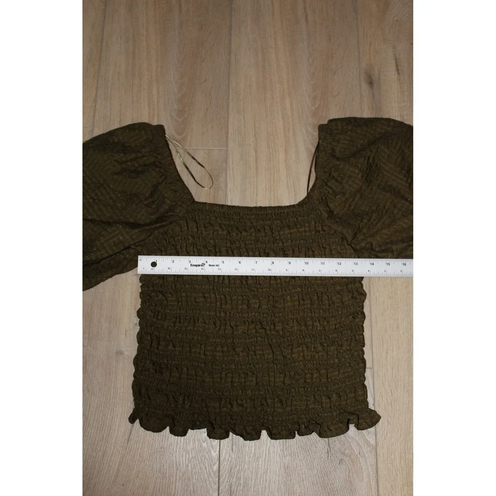 Old Navy Women's Olive Green Smocked Puff Sleeve Metallic Square Neck‎ Top Small